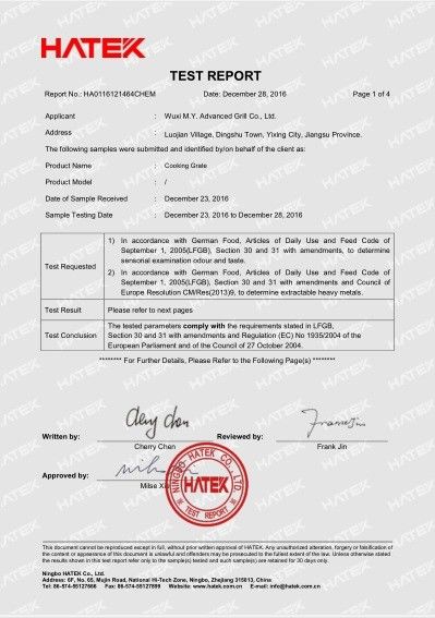 China WUXI  M.Y. ADVANCED GRILL CO., LTD. certificaciones